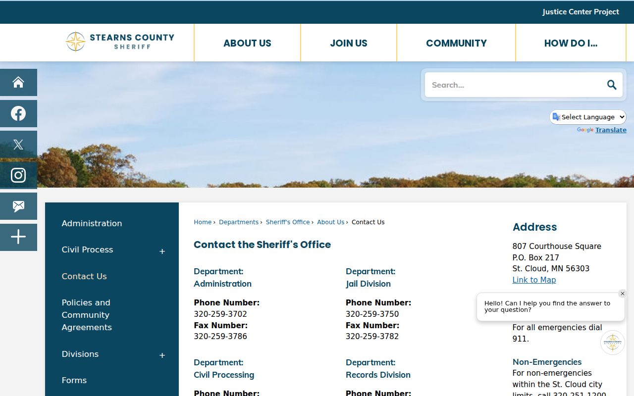 Stearns County Sheriff's Office contact page used to confirm a warrant and request public data