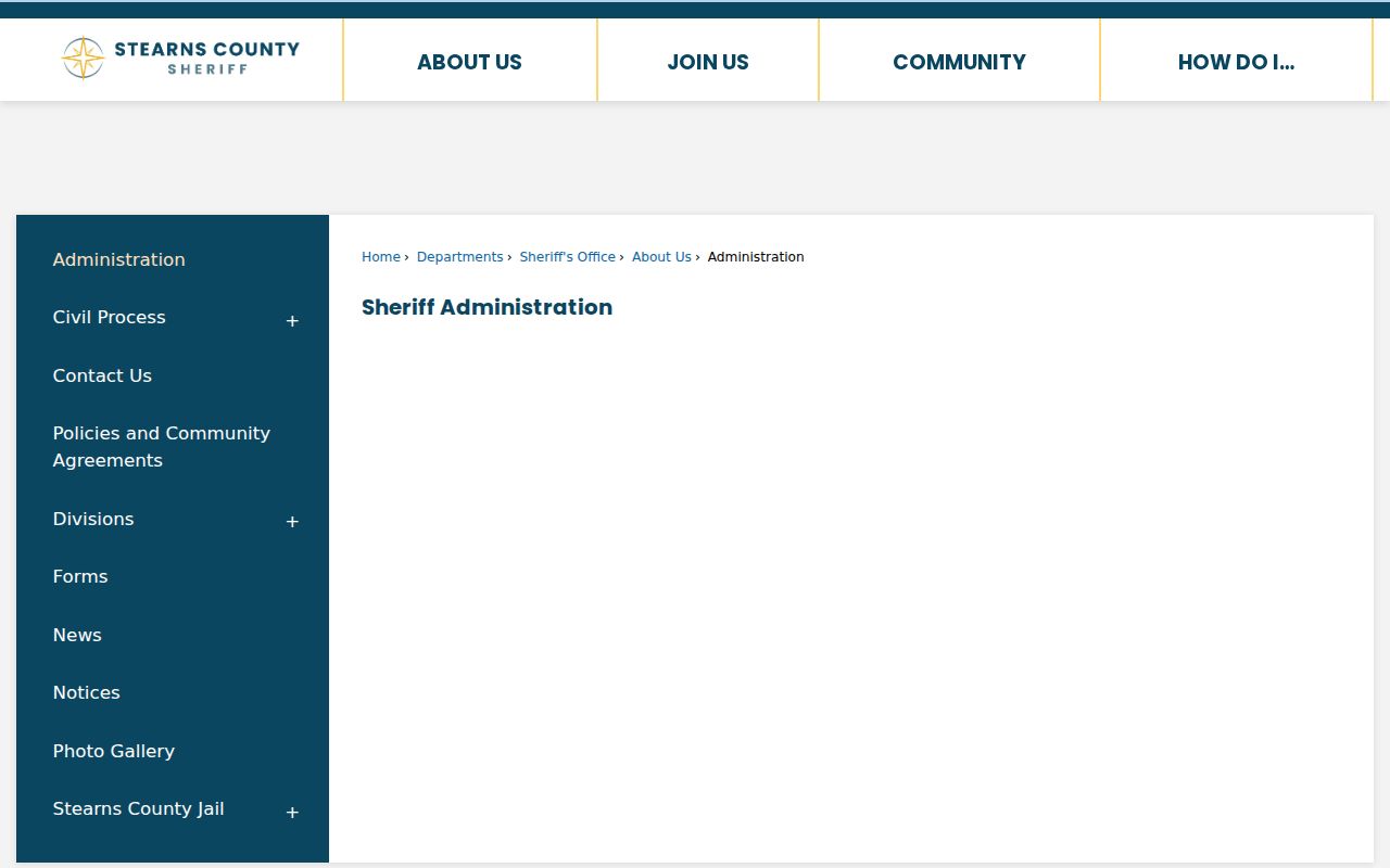 Stearns County Sheriff administration page showing the divisions that handle warrant records