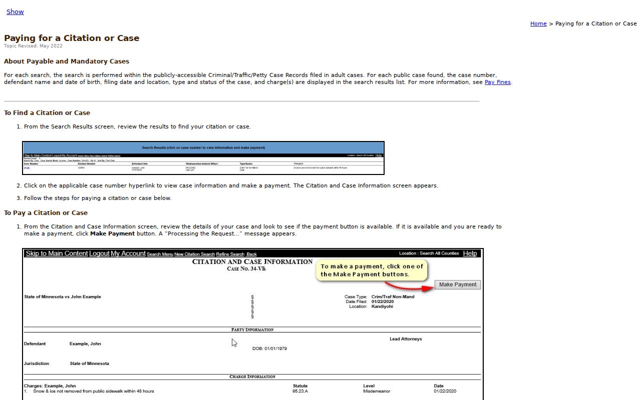 Minnesota citation lookup and payment workflow used for Stearns County traffic warrant records