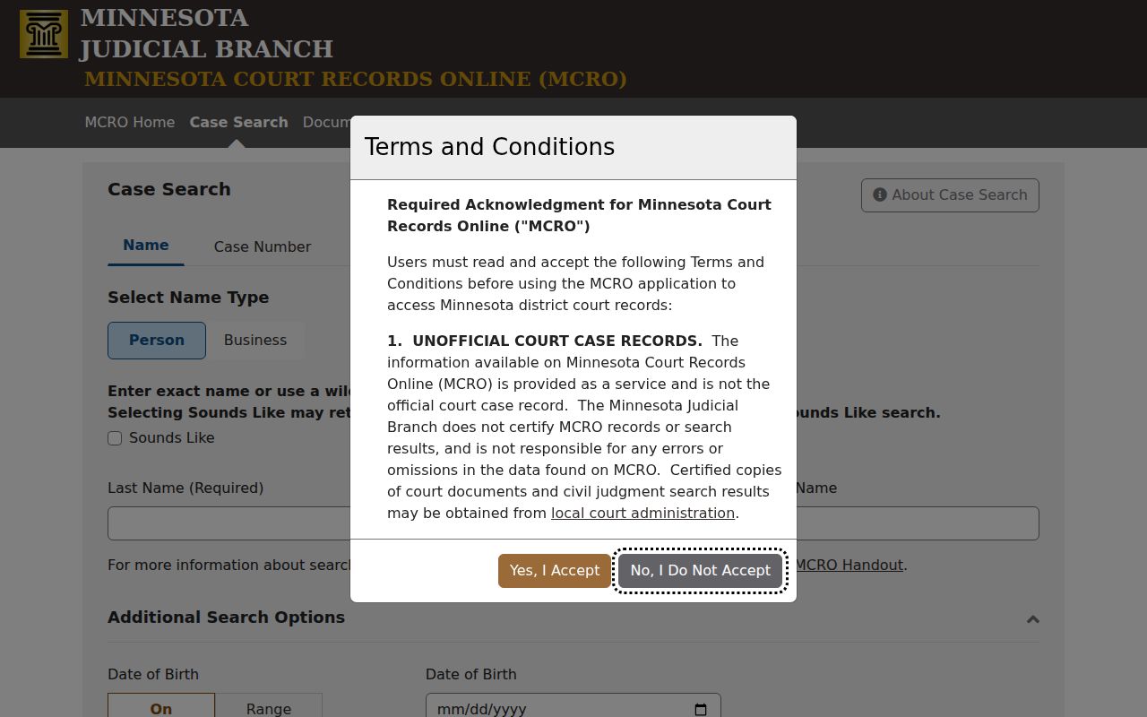 Minnesota court records search tabs used for Stearns County warrant case lookups