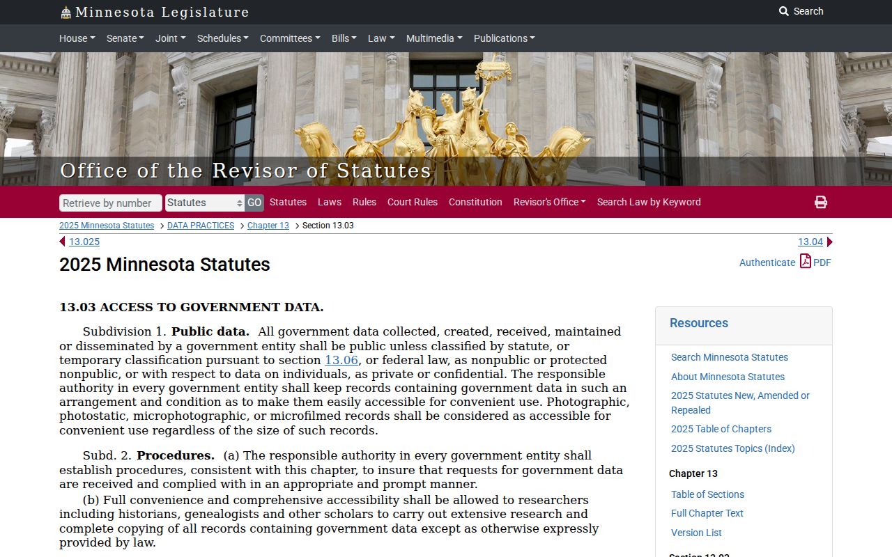 Minnesota statute page on public data inspection and copying fees used for Stearns County warrant record requests