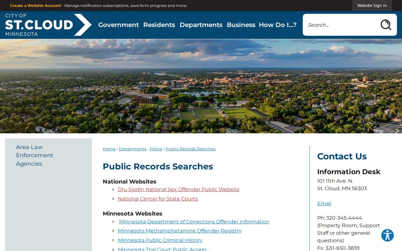 St. Cloud city page linking Sheriff warrant search, trial court access, and criminal history for city cases