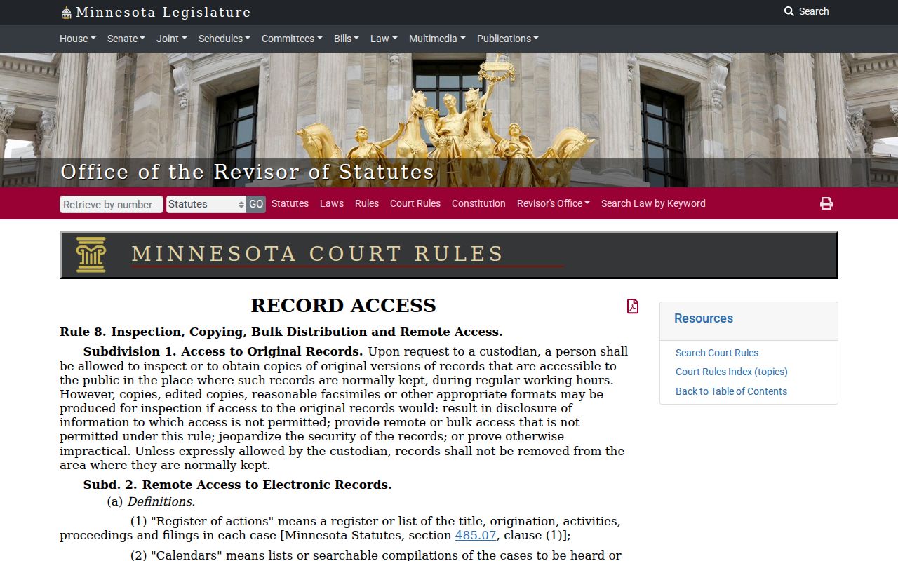 Minnesota judicial record access rules affecting Stearns County municipal warrant records