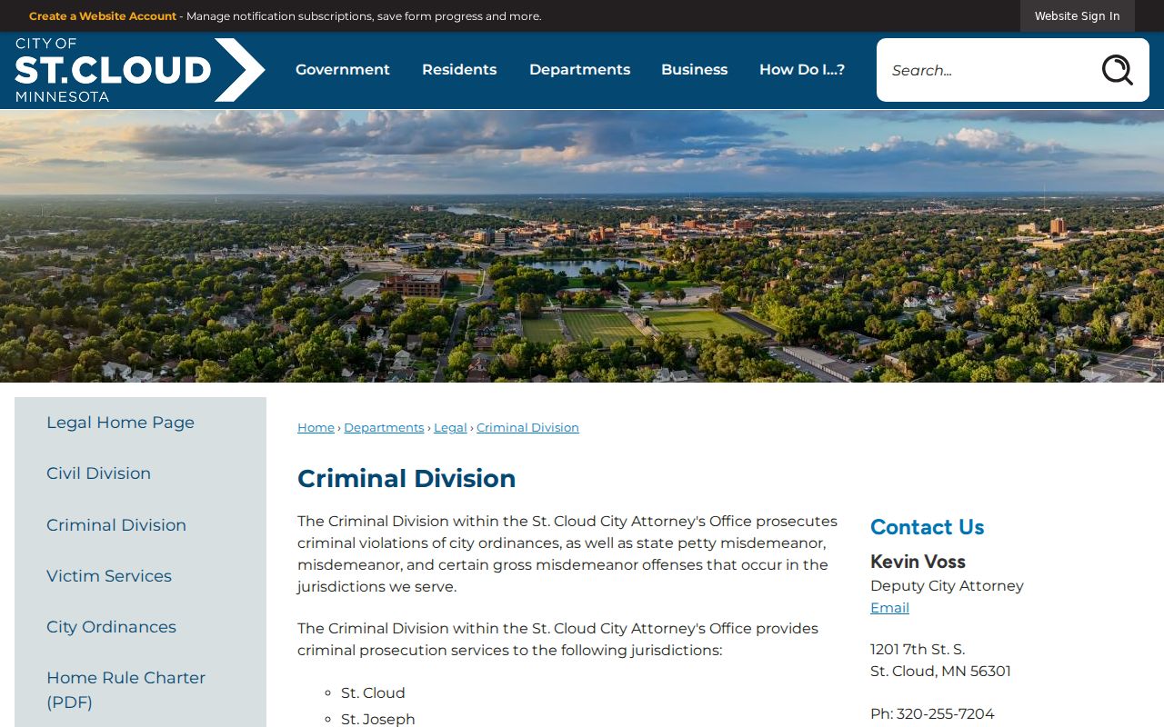 St. Cloud City Attorney criminal division page showing municipal ordinance prosecution for Stearns County cases