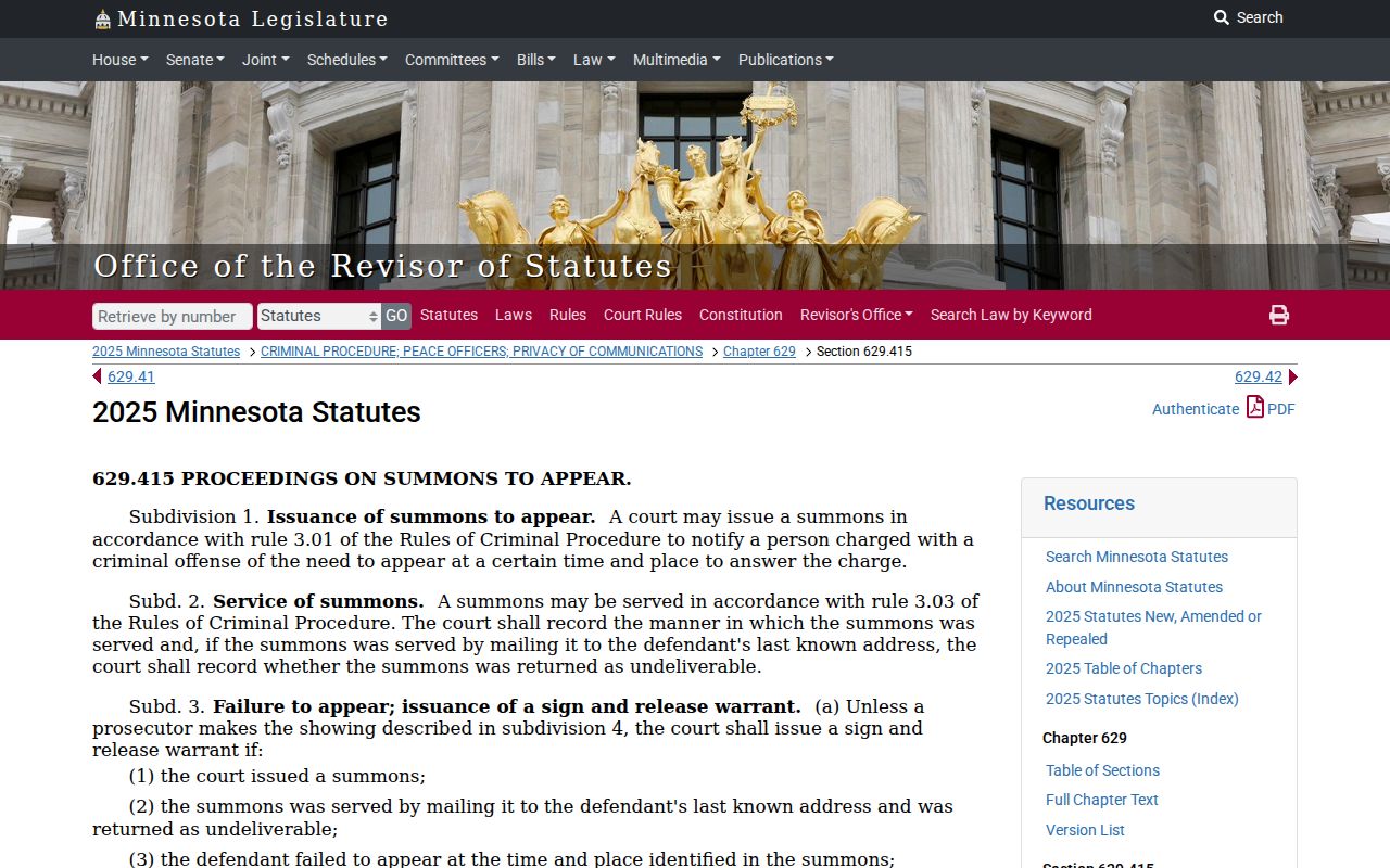 Minnesota sign-and-release statute used for Stearns County bench warrant matters