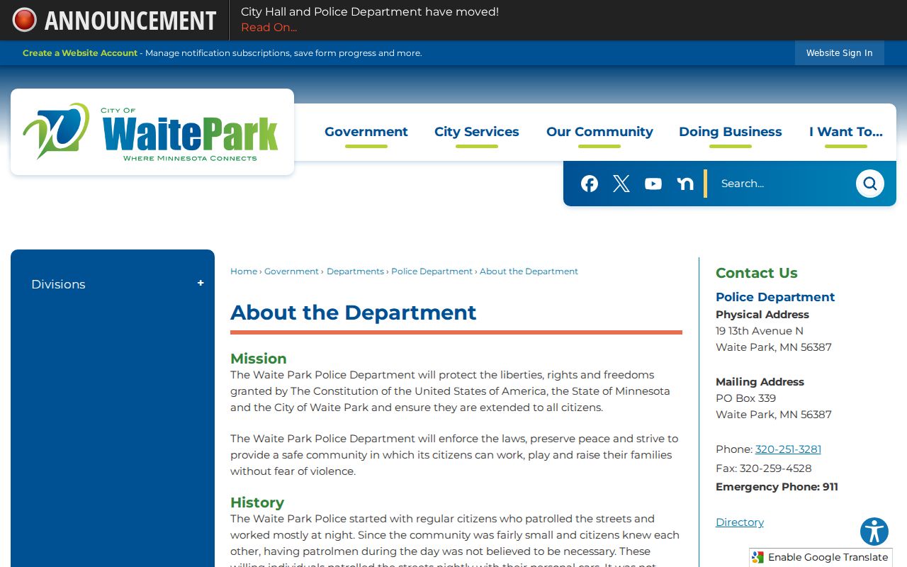 Waite Park police department page with city contact information for Stearns County warrant questions