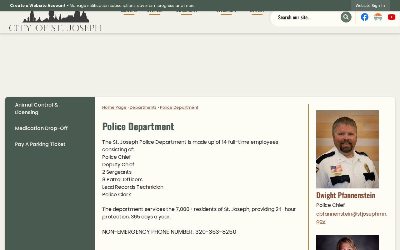 St. Joseph police department page with contact information and hours for Stearns County warrant questions