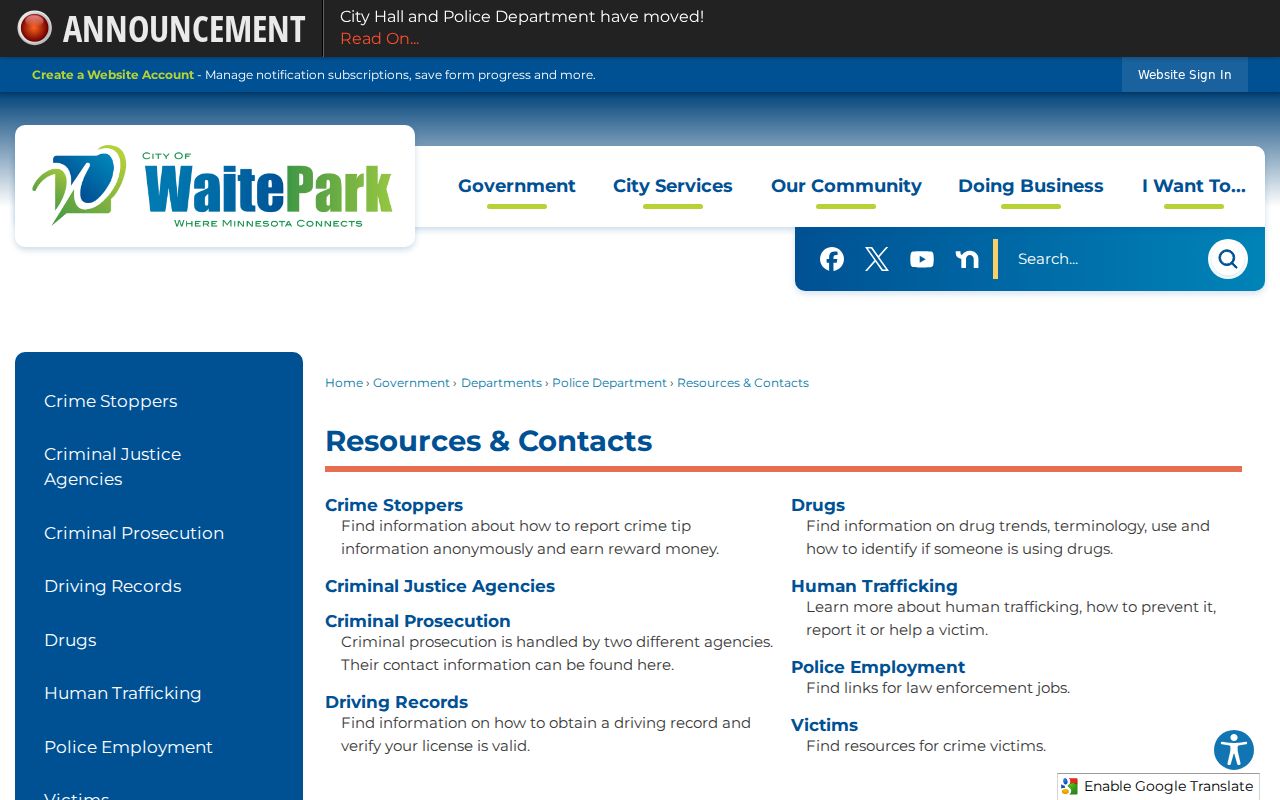 Waite Park city resources and contacts page used as a records routing reference for warrant questions