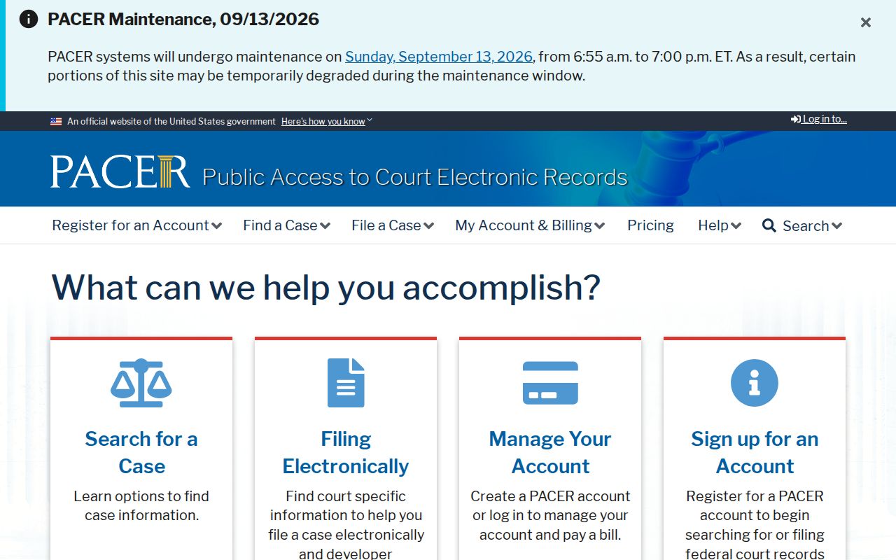 Federal PACER case search page as a contrast to Stearns County arrest warrant records