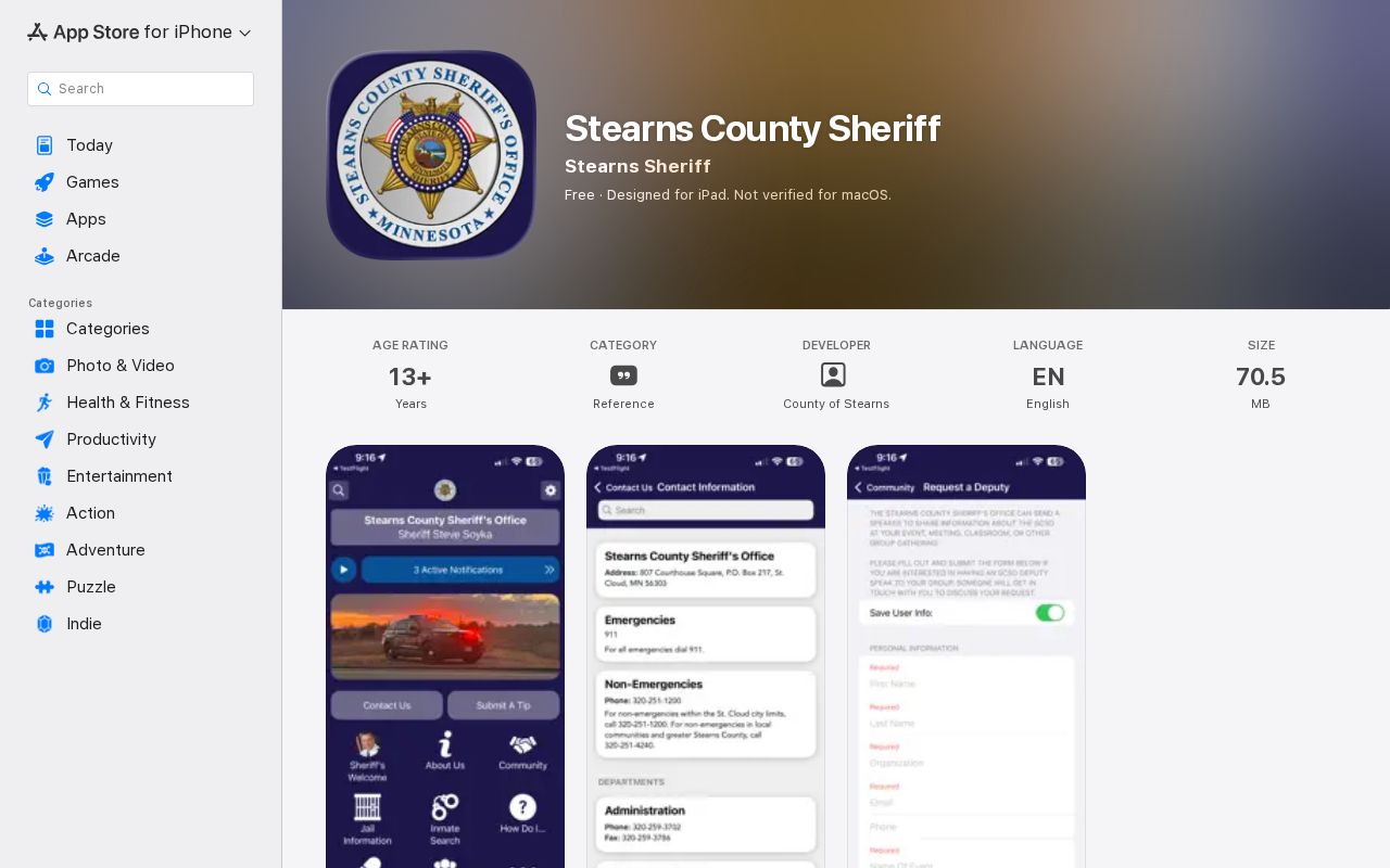 Stearns County Sheriff app listing used for safety news and warrant tips