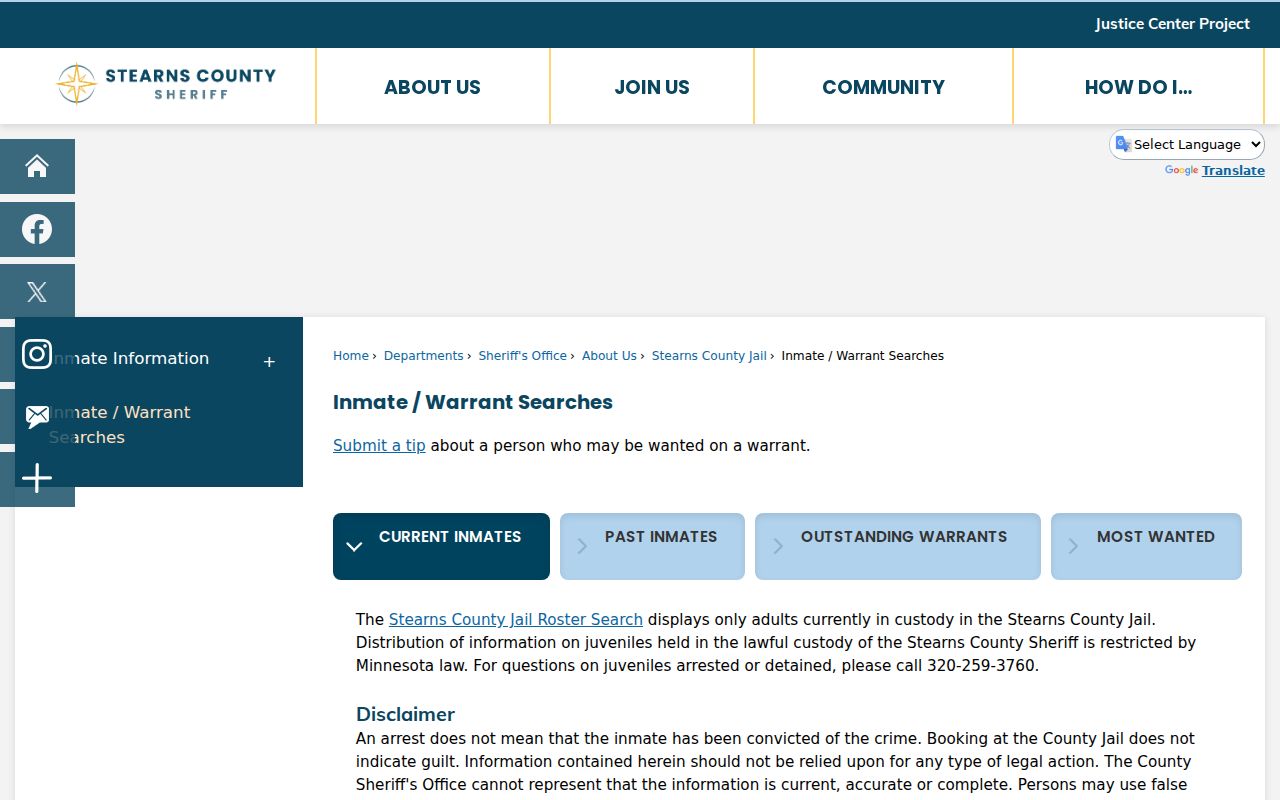 Stearns County inmate and warrant search page listing the county's four official warrant record channels