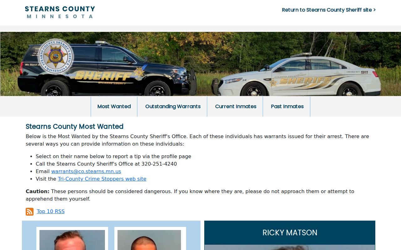 Curated Stearns County most wanted program interface with tip options and caution text