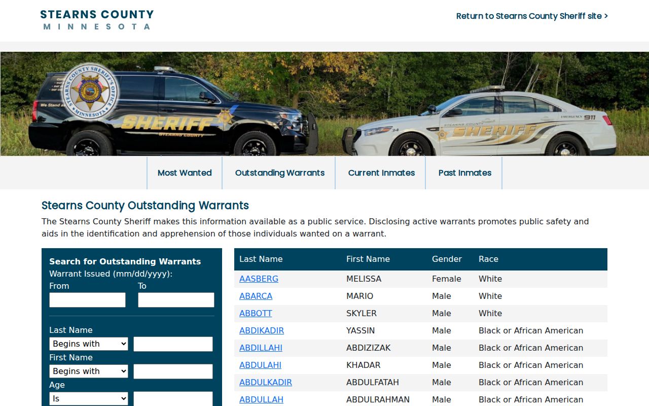 Stearns County outstanding warrants search form with name, age, and issue date fields for warrant records