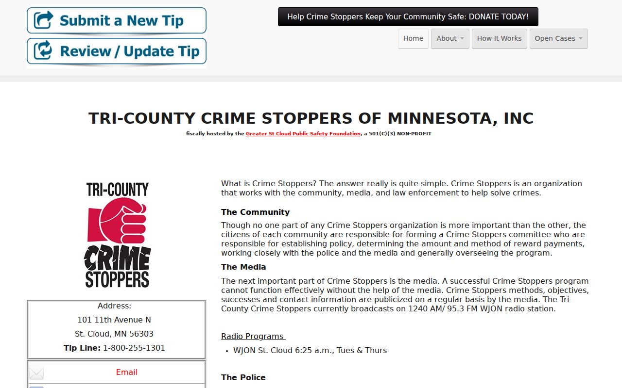 Regional Stearns County tip line page explaining anonymous codes and reward eligibility